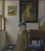 Bildo 5: Johannes Vermeer, Juna virino staranta ĉe praspineto ĉ1670-02, kolekto Nacia Galerio, Londono